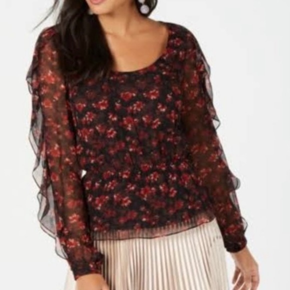 RACHEL ZOE Silk Ruffle-Sleeve Floral Top in Black/Red Multi Size XS - Picture 2 of 8